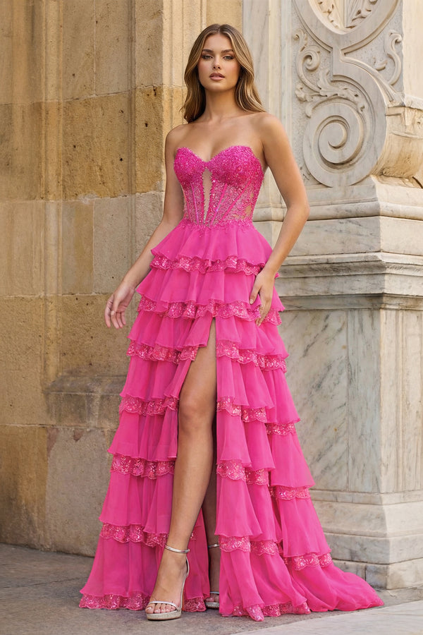 KissProm- Hot Pink Sweetheart A Line Sequined Lace Ruffled Long Prom Dresses With Appliques