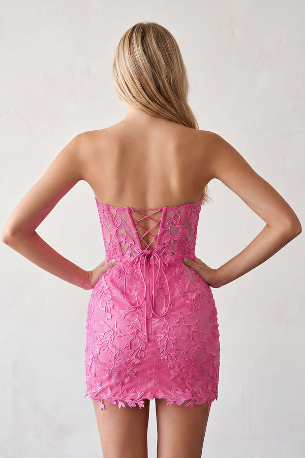 Hot Pink Sweetheart Lace Corset Tight Homecoming Dress | KISSPROM