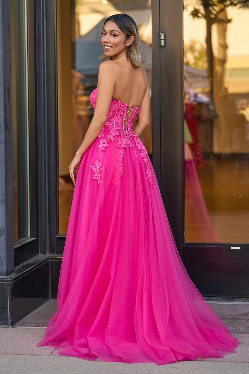 Amora A-Line Hot Pink Tulle Lace Strapless Long Prom Dress Hot Pink / 12 Amora A-Line Hot Pink Tulle Lace Strapless Long Prom Dress Hot Pink / 12