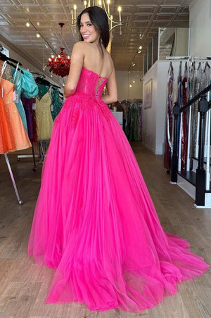 Amora |A - Line Hot Pink Tulle Lace StraplessLong Prom Dress - KissProm