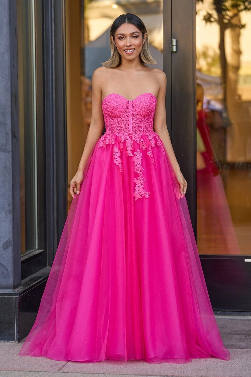 KissProm A-Line Hot Pink Tulle Lace Sweetheart Long Prom Dress, Hot Pink / 10