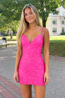 Hot Pink V Neck Bodycon Mini Party Dresses with Sequins Appliques | KISSPROM
