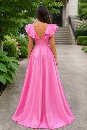 Hot Pink V-Neck Ruffle A-Line Long Prom Dress Hot Pink / 18 Hot Pink V-Neck Ruffle A-Line Long Prom Dress Hot Pink / 18