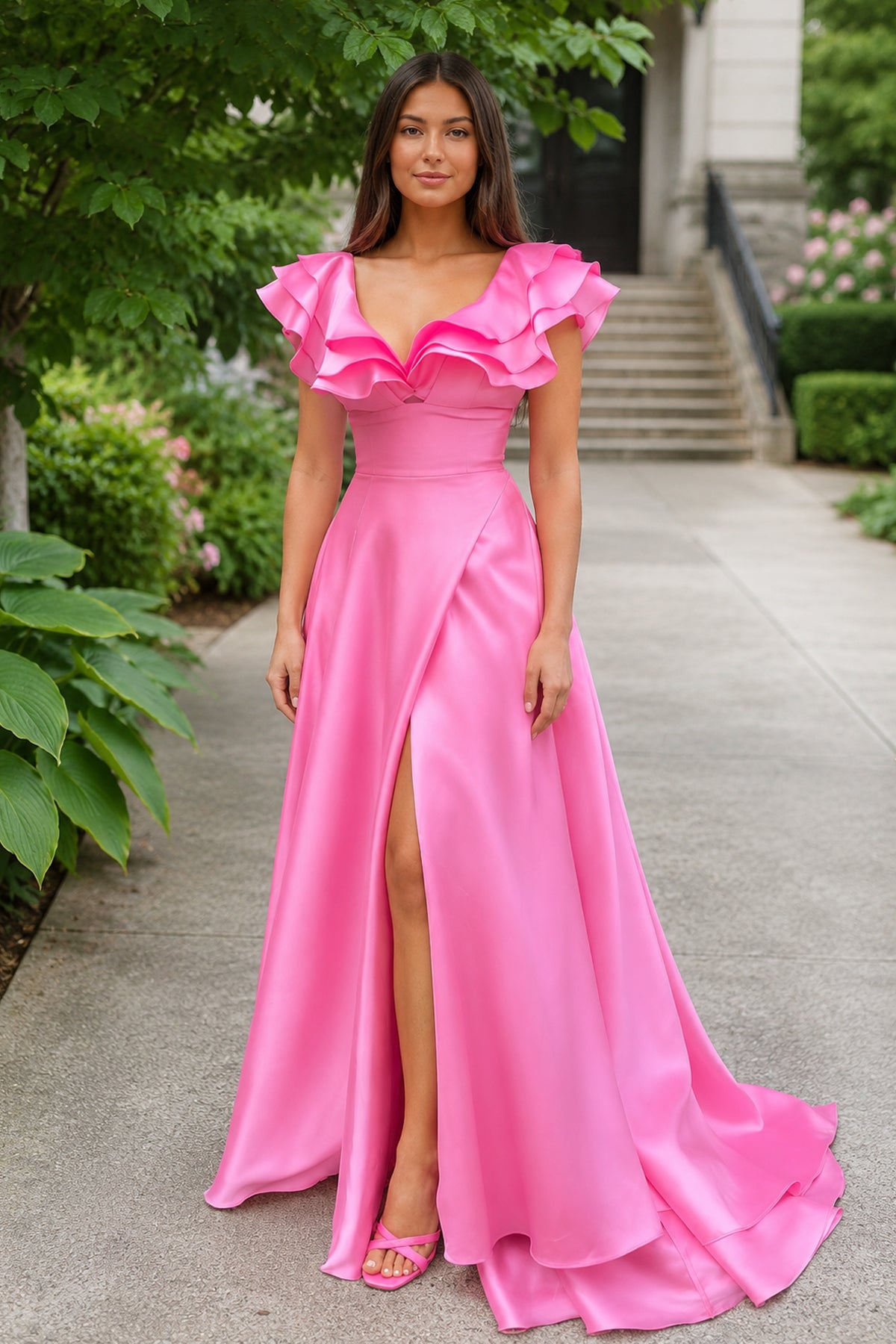 KissProm Hot Pink V-Neck Ruffle A-Line Long Prom Dress, Hot Pink / 18