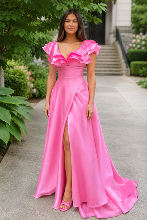 Hot Pink V-Neck Ruffle A-Line Long Prom Dress