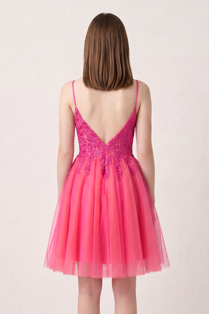 Hot Pink V Neck Straps Appliques Tulle Homecoming Dress (2) | KISSPROM