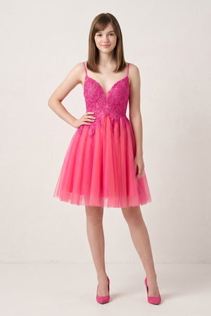 Hot Pink V Neck Straps Appliques Tulle Homecoming Dress (3) | KISSPROM
