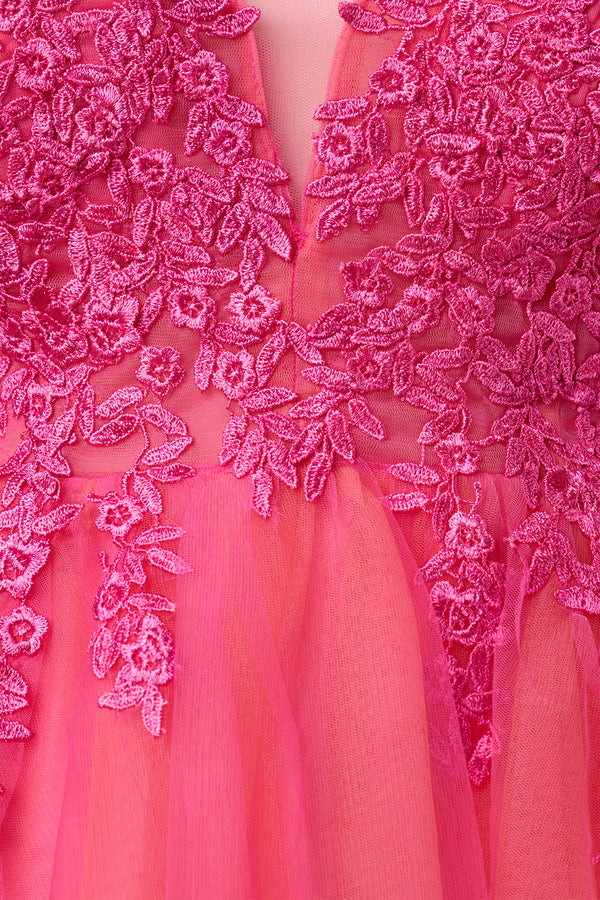 Hot Pink V Neck Straps Appliques Tulle Homecoming Dress (4) | KISSPROM