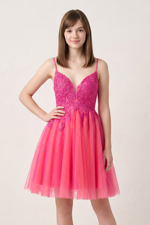 Hot Pink V Neck Straps Appliques Tulle Homecoming Dress | KISSPROM