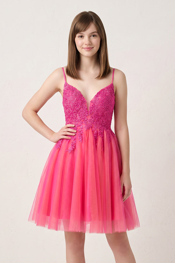 Hot Pink V Neck Straps Appliques Tulle Homecoming Dress | KISSPROM