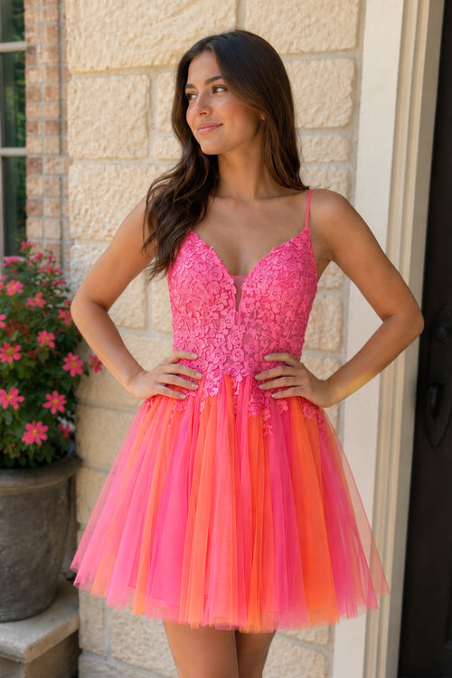 Hot Pink V Neck Straps Appliques Tulle Homecoming Dress - KissProm