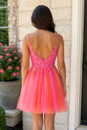 Hot Pink V Neck Straps Appliques Tulle Homecoming Dress - KissProm