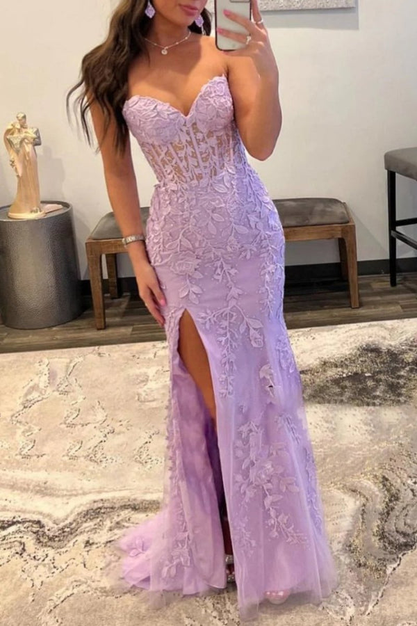 Mermaid Strapless Corset Lace Prom Dress with Slit, Pink / 12