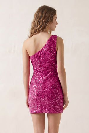 Hot Pink Bodycon One Shoulder Sequins Mini Party Dresses - KISSPROM