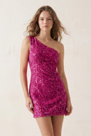 Hot Pink Bodycon One Shoulder Sequins Mini Party Dresses - KISSPROM