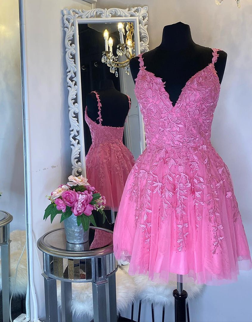 Ariel | Aline Short Pink Homecoming Dress with Appliques Pink / 2 Ariel | Aline Short Pink Homecoming Dress with Appliques Pink / 2