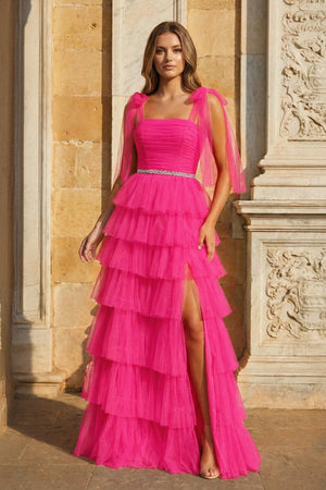 Light Blue Pleated Ruffle Prom Dress with Bow Tie Straps - KissProm