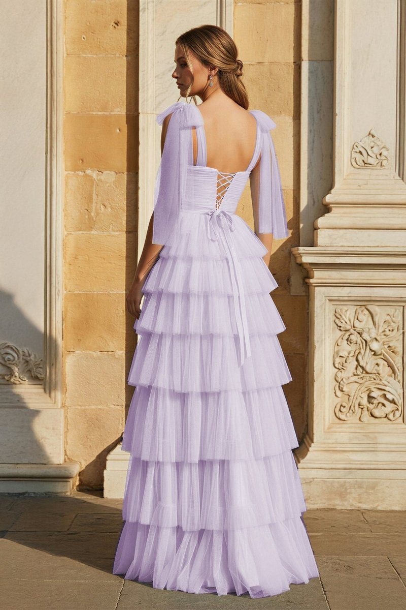 Light Blue Pleated Ruffle Prom Dress with Bow Tie Straps