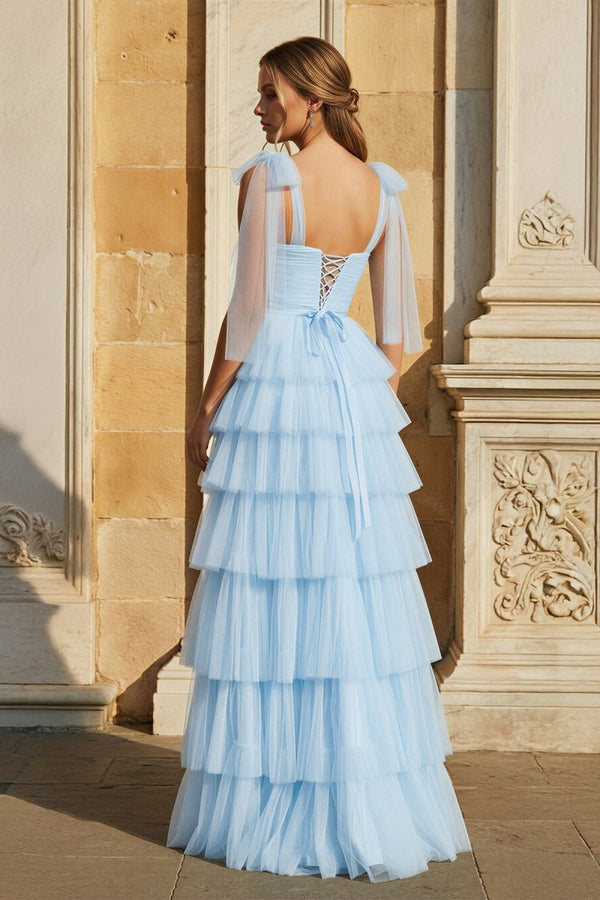 Light Blue Pleated Ruffle Prom Dress with Bow Tie Straps - KissProm
