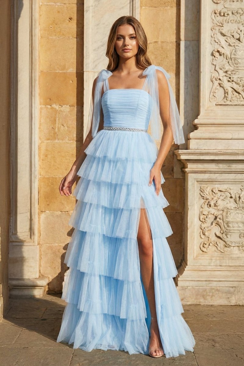 Light Blue Pleated Ruffle Prom Dress with Bow Tie Straps - KissProm