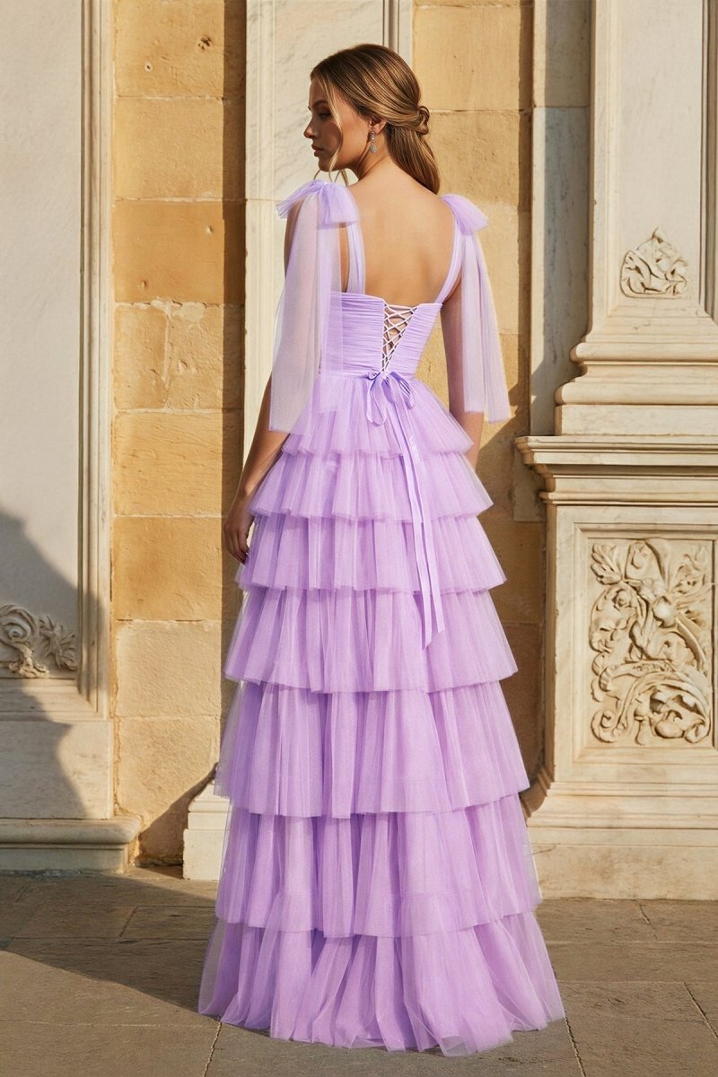 KissProm Light Blue Pleated Ruffle Prom Dress with Bow Tie Straps, Lilac / 6