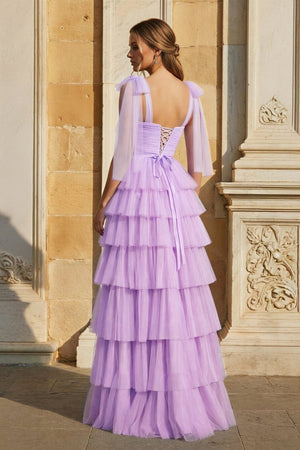 Light Blue Pleated Ruffle Prom Dress with Bow Tie Straps - KissProm