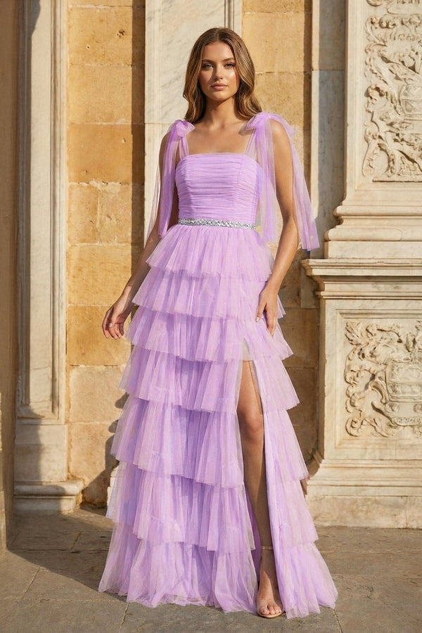 Light Blue Pleated Ruffle Prom Dress with Bow Tie Straps - KissProm