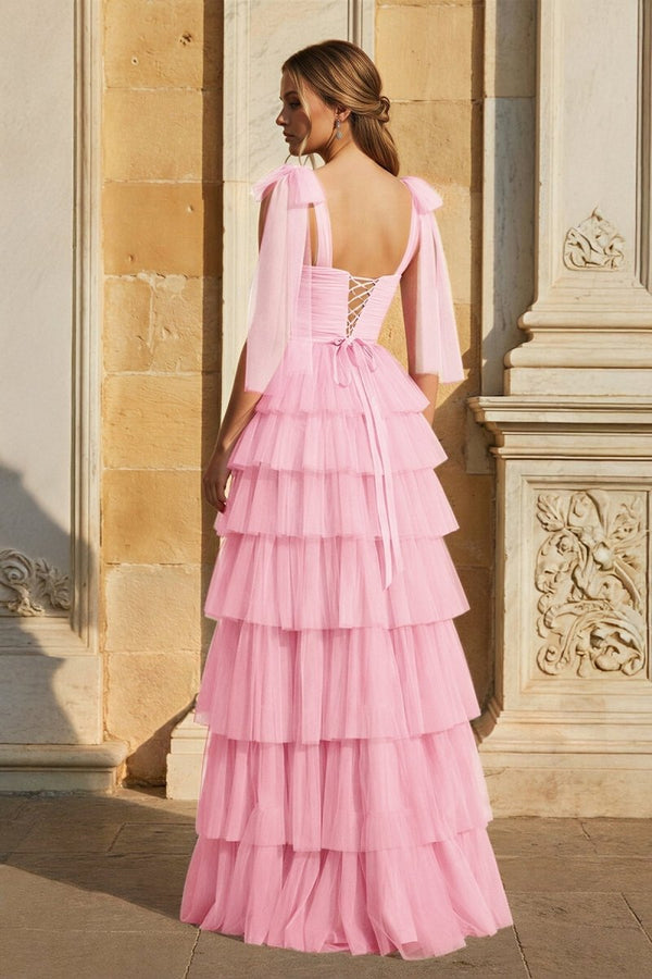 Light Blue Pleated Ruffle Prom Dress with Bow Tie Straps - KissProm