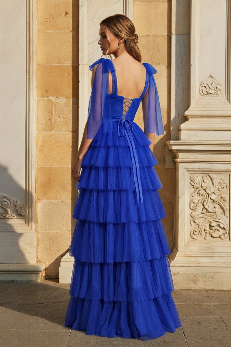 Light Blue Pleated Ruffle Prom Dress with Bow Tie Straps Light Blue Pleated Ruffle Prom Dress with Bow Tie Straps