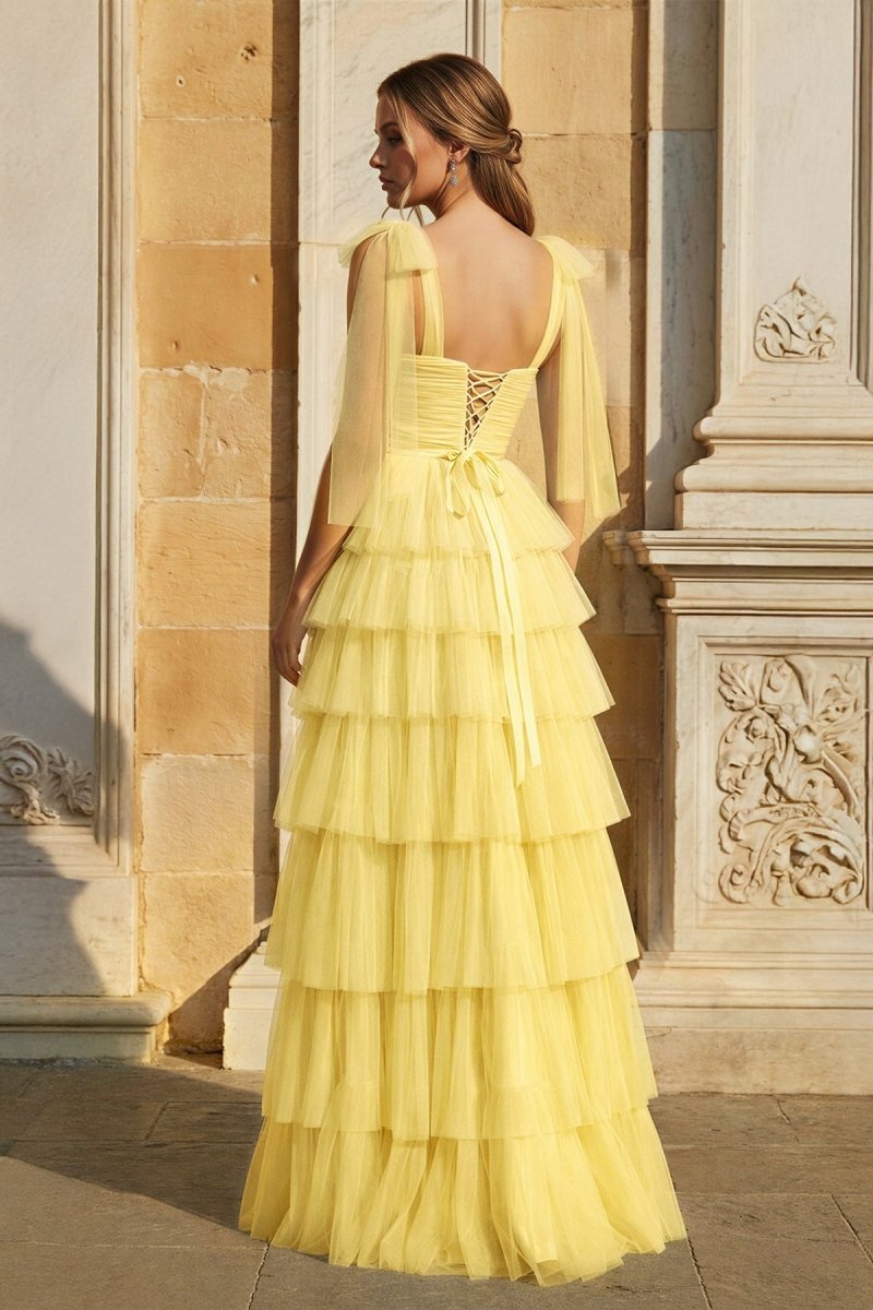 KissProm Light Blue Pleated Ruffle Prom Dress with Bow Tie Straps, Yellow / 4