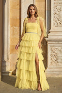 Light Blue Pleated Ruffle Prom Dress with Bow Tie Straps - KissProm
