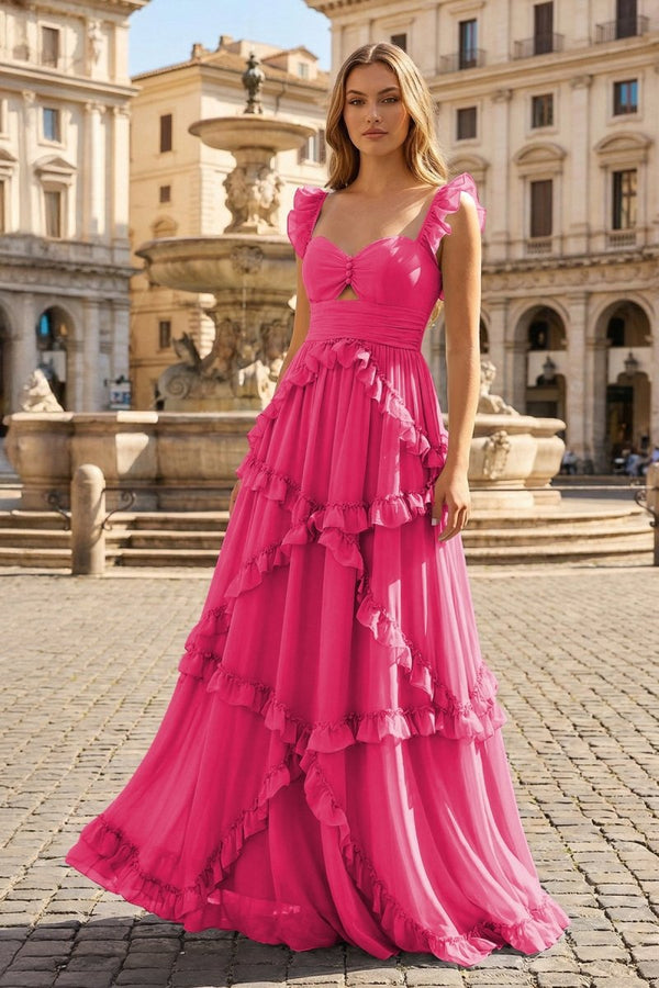 A-Line Straps Sky Blue Chiffon Ruffles Long Prom Dress