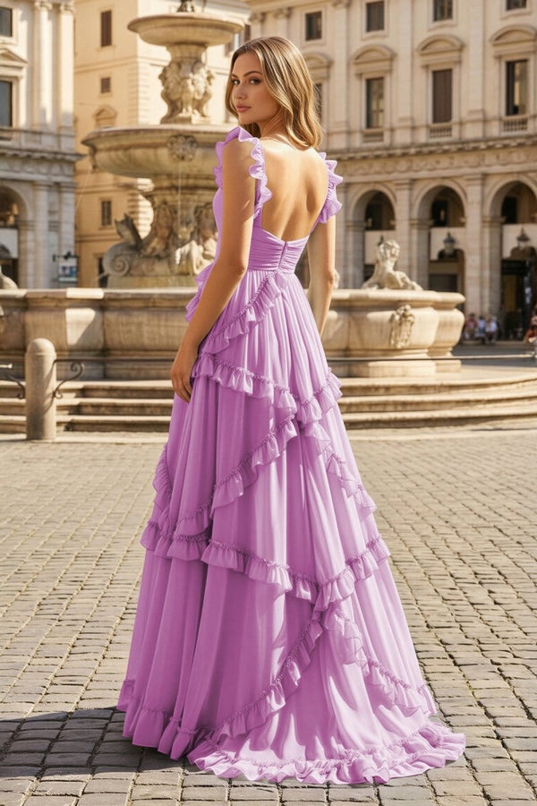 A-Line Straps Sky Blue Chiffon Ruffles Long Prom Dress