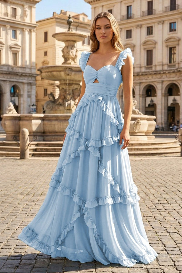 A-Line Straps Sky Blue Chiffon Ruffles Long Prom Dress Sky Blue / 8 A-Line Straps Sky Blue Chiffon Ruffles Long Prom Dress Sky Blue / 8