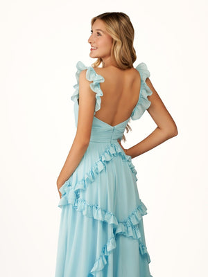 KissProm-Hubery A-Line Straps Blue Chiffon Ruffles Long Prom Dress