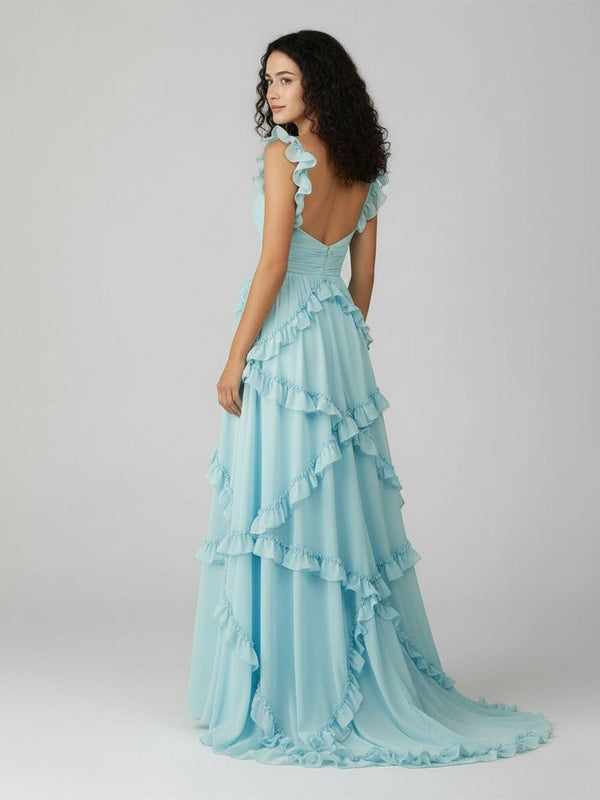 KissProm-Hubery A-Line Straps Blue Chiffon Ruffles Long Prom Dress