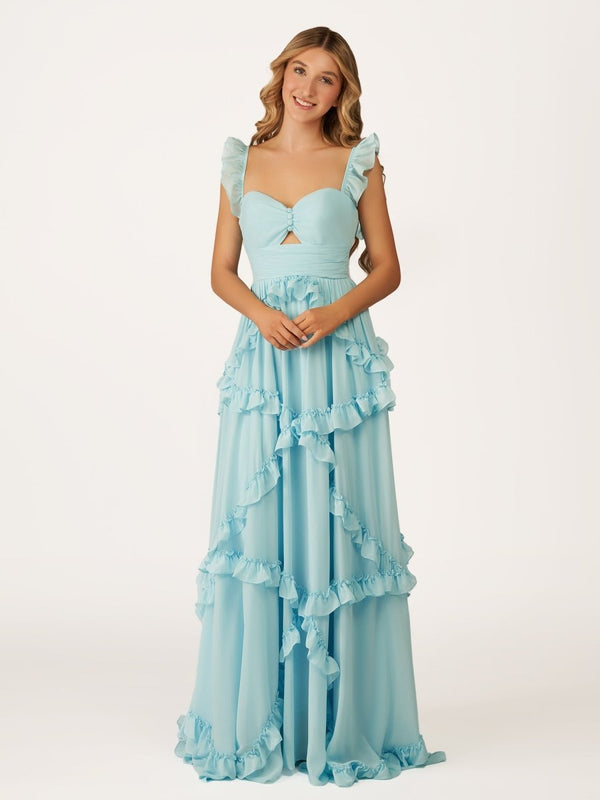 KissProm-Hubery A-Line Straps Blue Chiffon Ruffles Long Prom Dress