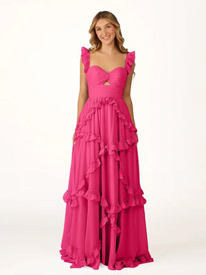 Hubery | A - Line Straps Sky Blue Chiffon Ruffles Long Prom Dress - KissProm