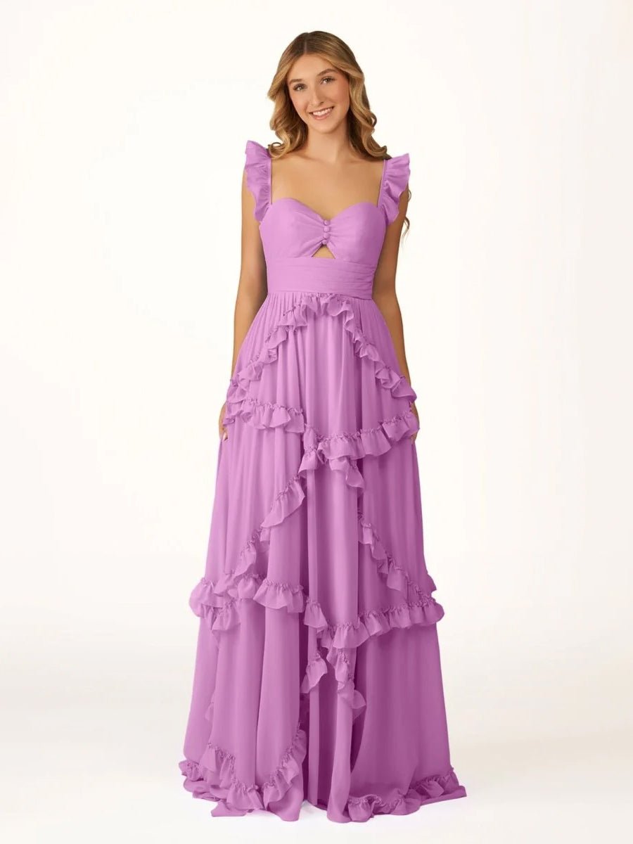 Hubery | A - Line Straps Sky Blue Chiffon Ruffles Long Prom Dress - KissProm