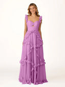 A-Line Straps Sky Blue Chiffon Ruffles Long Prom Dress – Prom Dresses by KissProm | Available at KissProm