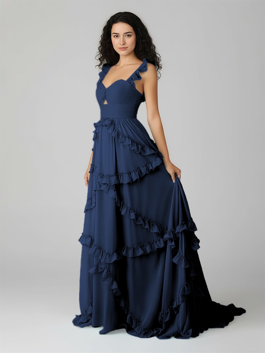 Hubery | A - Line Straps Sky Blue Chiffon Ruffles Long Prom Dress - KissProm