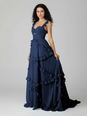 Hubery | A - Line Straps Sky Blue Chiffon Ruffles Long Prom Dress - KissProm