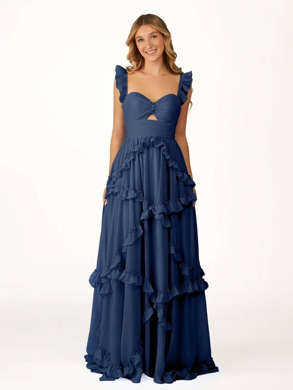 A-Line Straps Sky Blue Chiffon Ruffles Long Prom Dress Navy Blue / 4