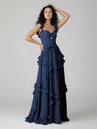 Hubery | A - Line Straps Sky Blue Chiffon Ruffles Long Prom Dress - KissProm