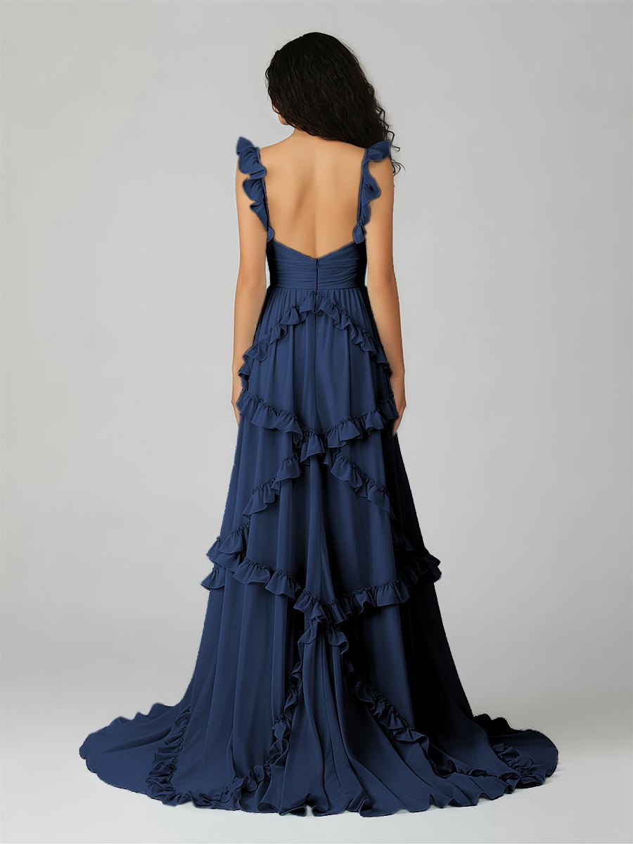 Hubery | A - Line Straps Sky Blue Chiffon Ruffles Long Prom Dress - KissProm