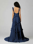 Hubery | A - Line Straps Sky Blue Chiffon Ruffles Long Prom Dress - KissProm