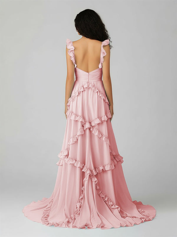 A-Line Straps Sky Blue Chiffon Ruffles Long Prom Dress Pink / 00