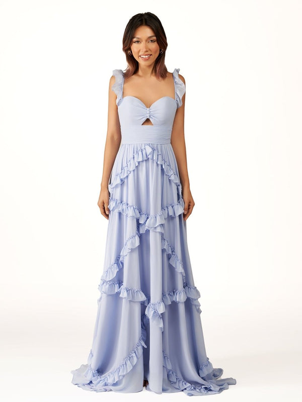 KissProm-Hubery A-Line Straps Lavender Chiffon Ruffles Long Prom Dress