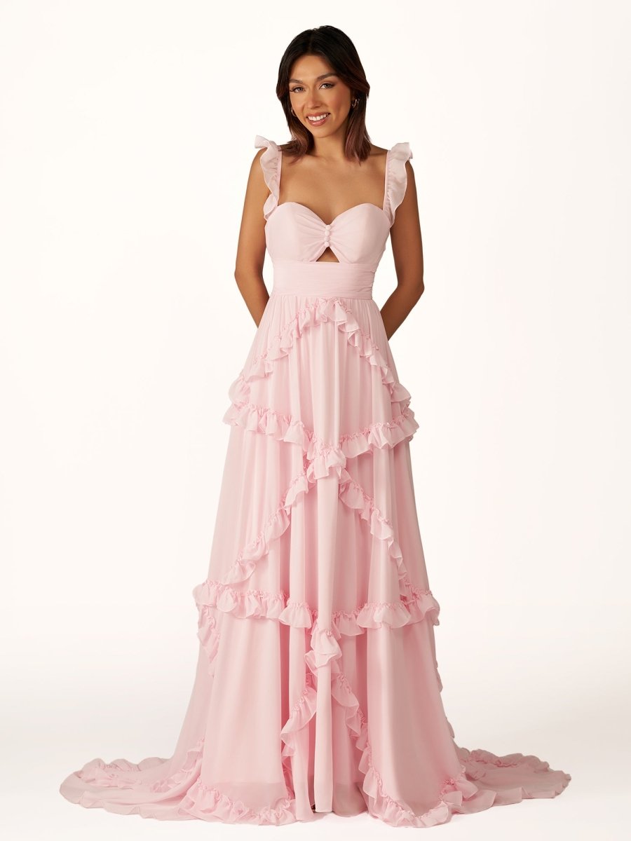 KissProm-Hubery A-Line Straps Pink Chiffon Ruffles Long Prom Dress