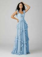 Hubery | A - Line Straps Sky Blue Chiffon Ruffles Long Prom Dress - KissProm